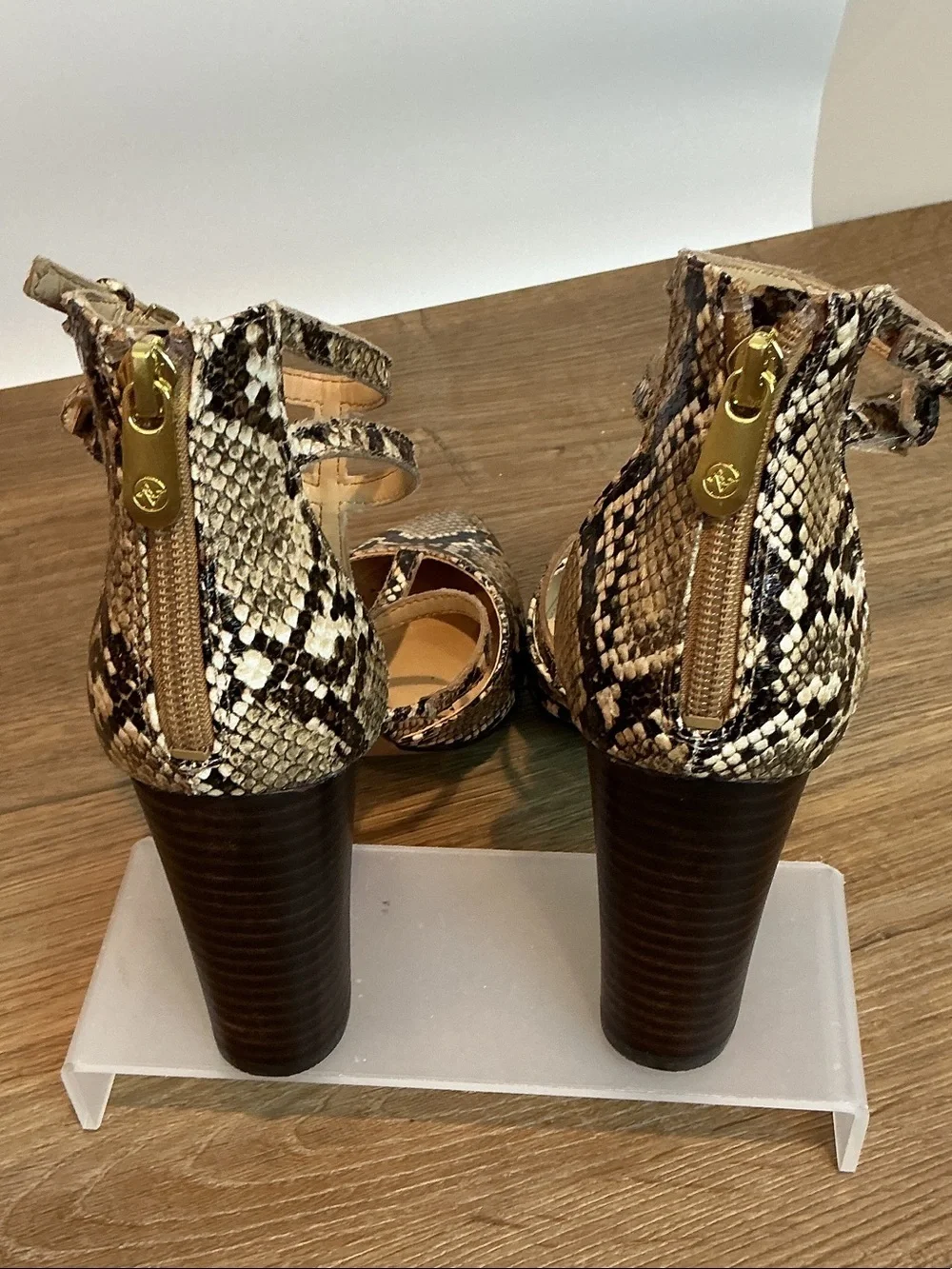 Adrienne Vittadini Snake-Print Strappy Pointed-Toe Heels, size 10M